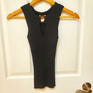Cache Black ribbed knit sleeveless top with cutout size small - fitted